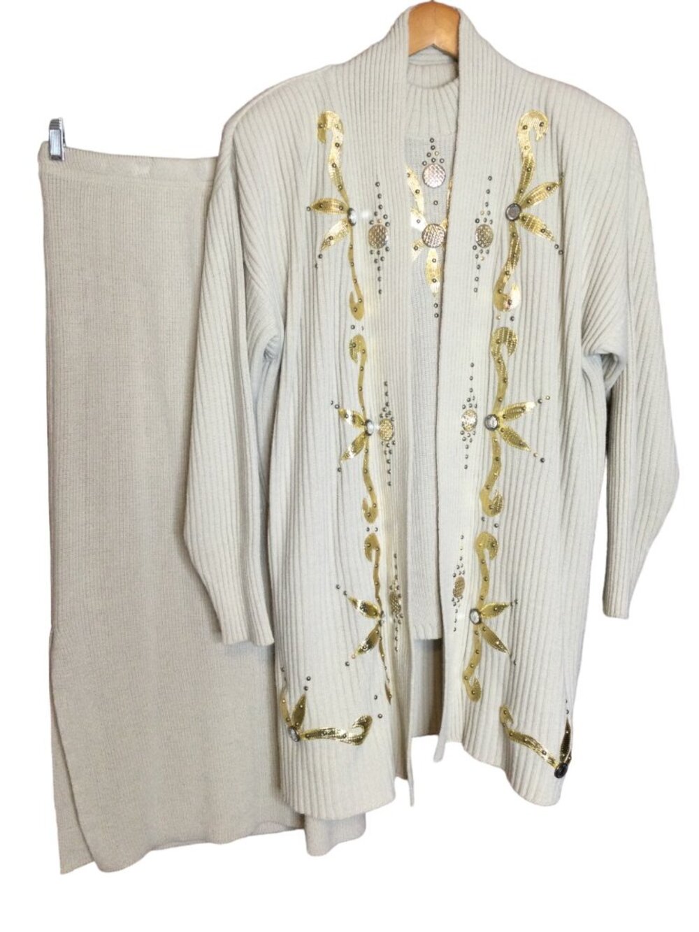 Vintage 3 Pc Knit Skirt Set Gold Embellished Cardigan Skirt Sleeveless Sweater